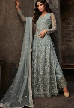 Embroidered Net Pakistani Suit in Grey
