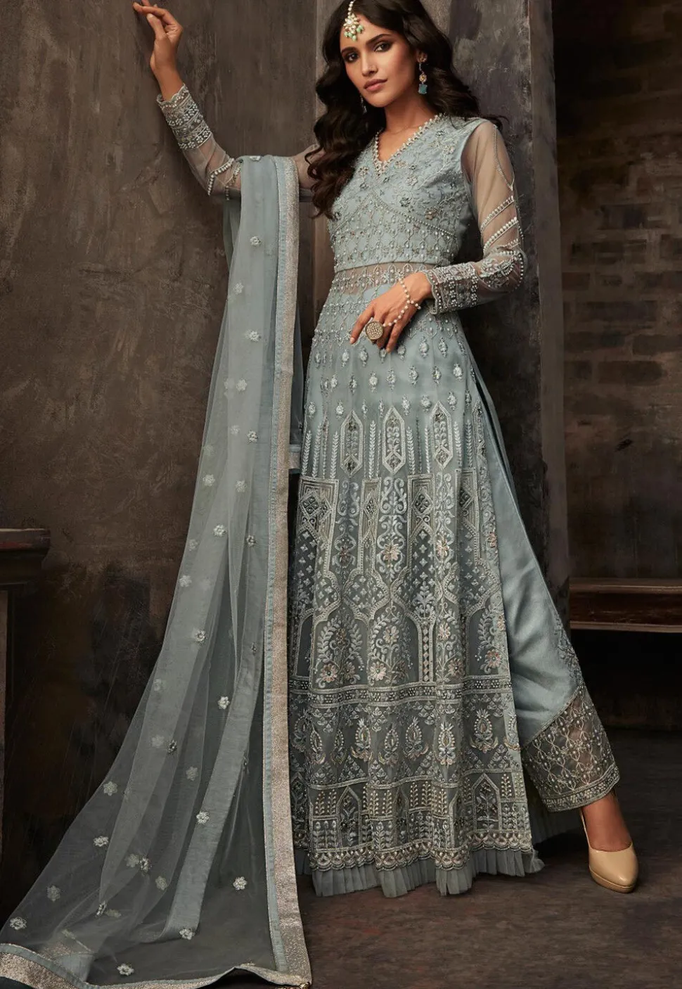 Embroidered Net Pakistani Suit in Grey