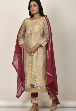 Embroidered Net Pakistani Suit in Beige