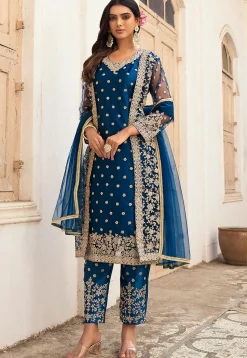 Embroidered Net Pakistani Suit in Teal Blue