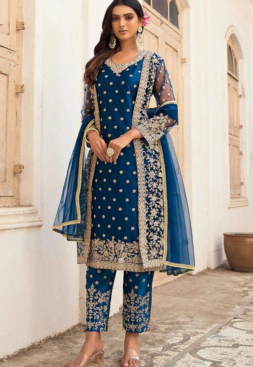 Embroidered Net Pakistani Suit in Teal Blue