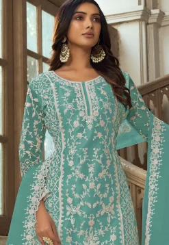 Embroidered Net Pakistani Suit in Turquoise