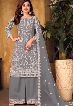 Embroidered Net Pakistani Suit in Grey