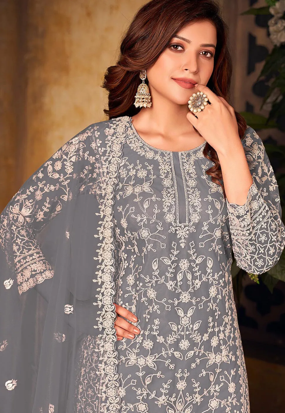 Embroidered Net Pakistani Suit in Grey