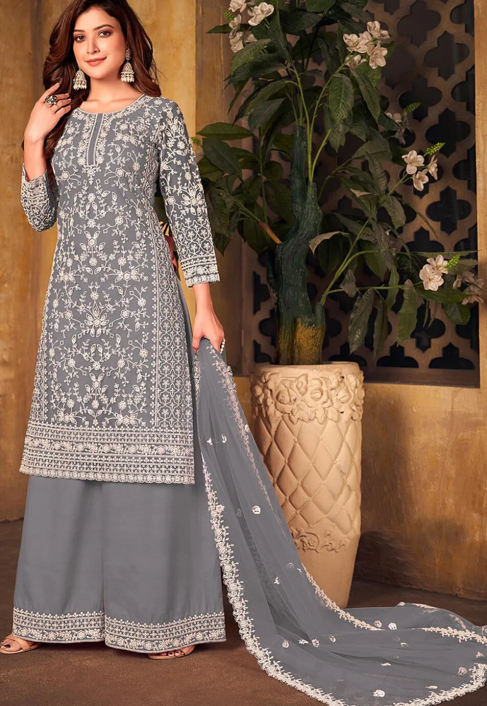 Embroidered Net Pakistani Suit in Grey