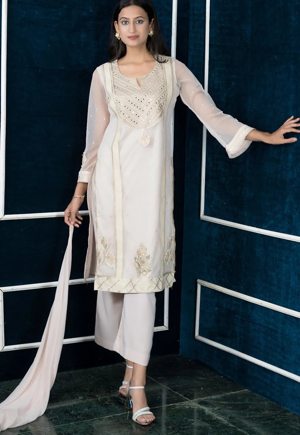 Embroidered Net Pakistani Suit in Off White