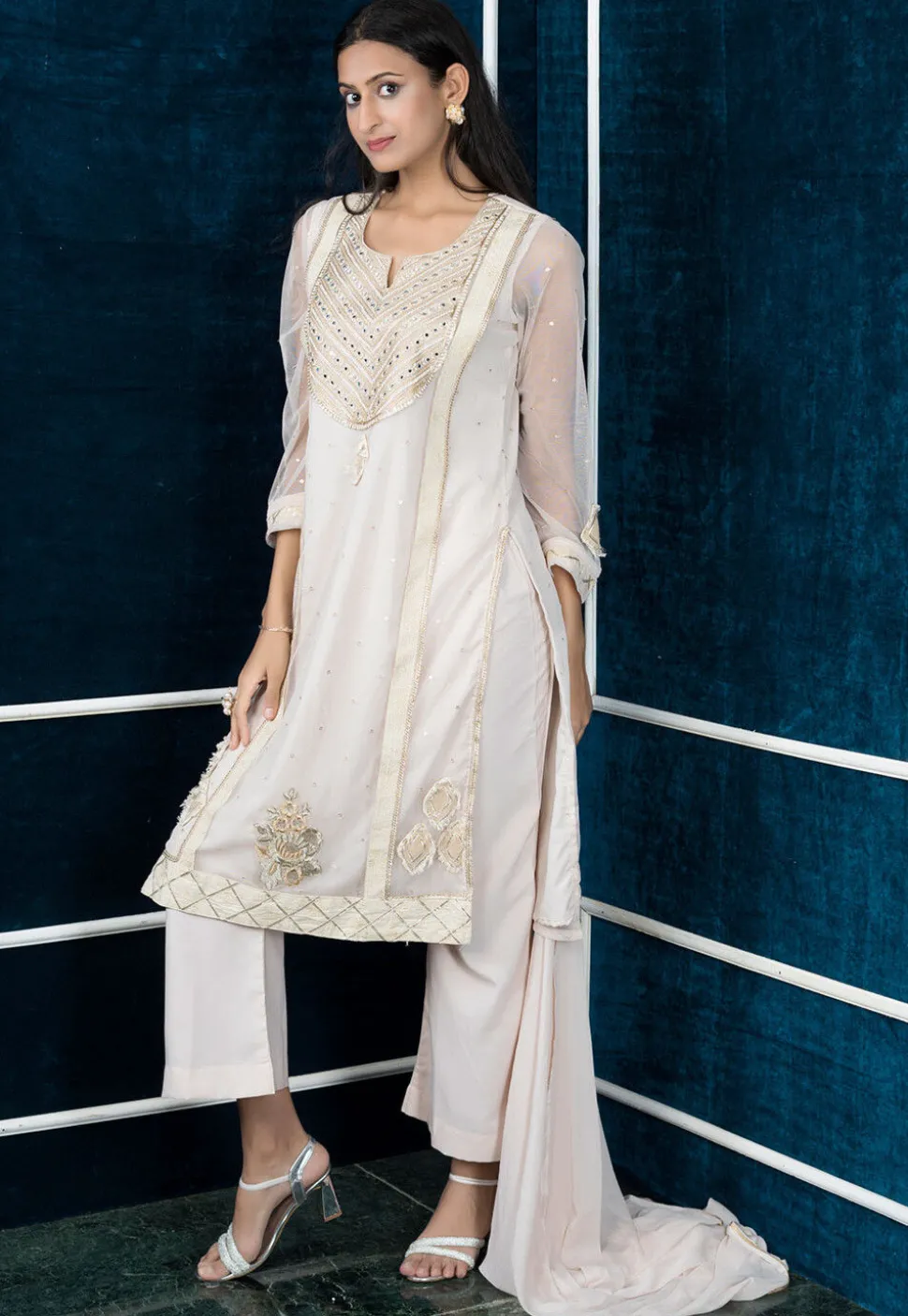 Embroidered Net Pakistani Suit in Off White