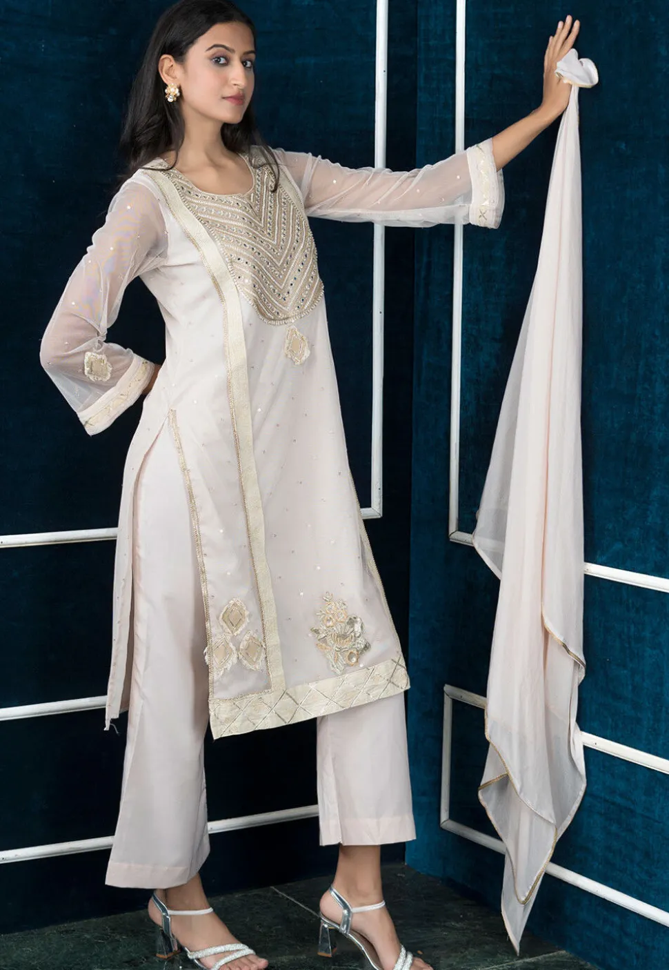 Embroidered Net Pakistani Suit in Off White