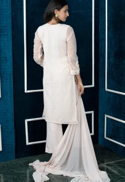 Embroidered Net Pakistani Suit in Off White