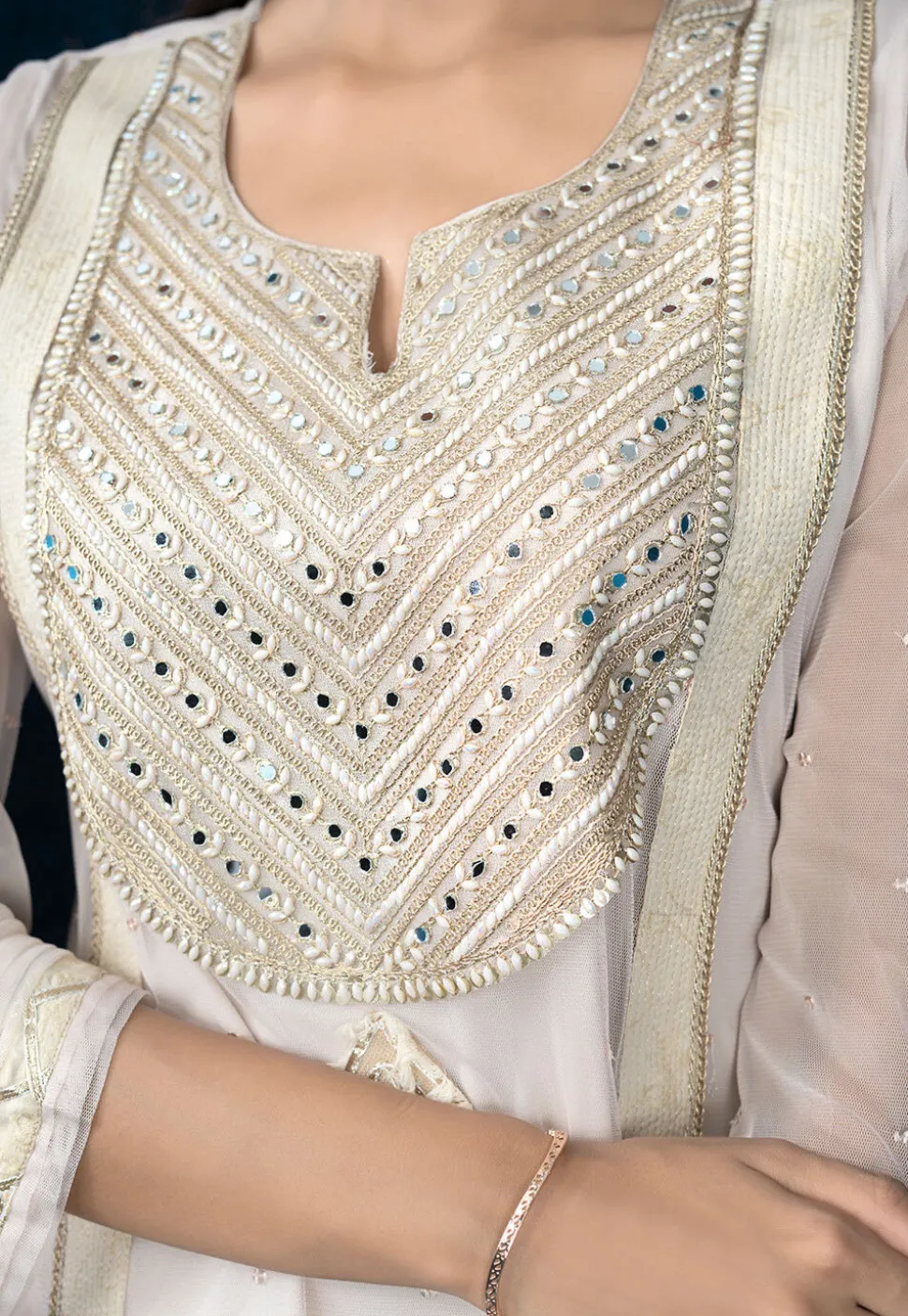 Embroidered Net Pakistani Suit in Off White