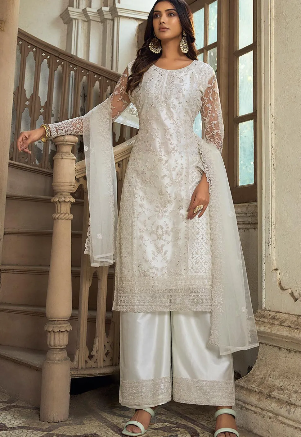 Embroidered Net Pakistani Suit in Off White