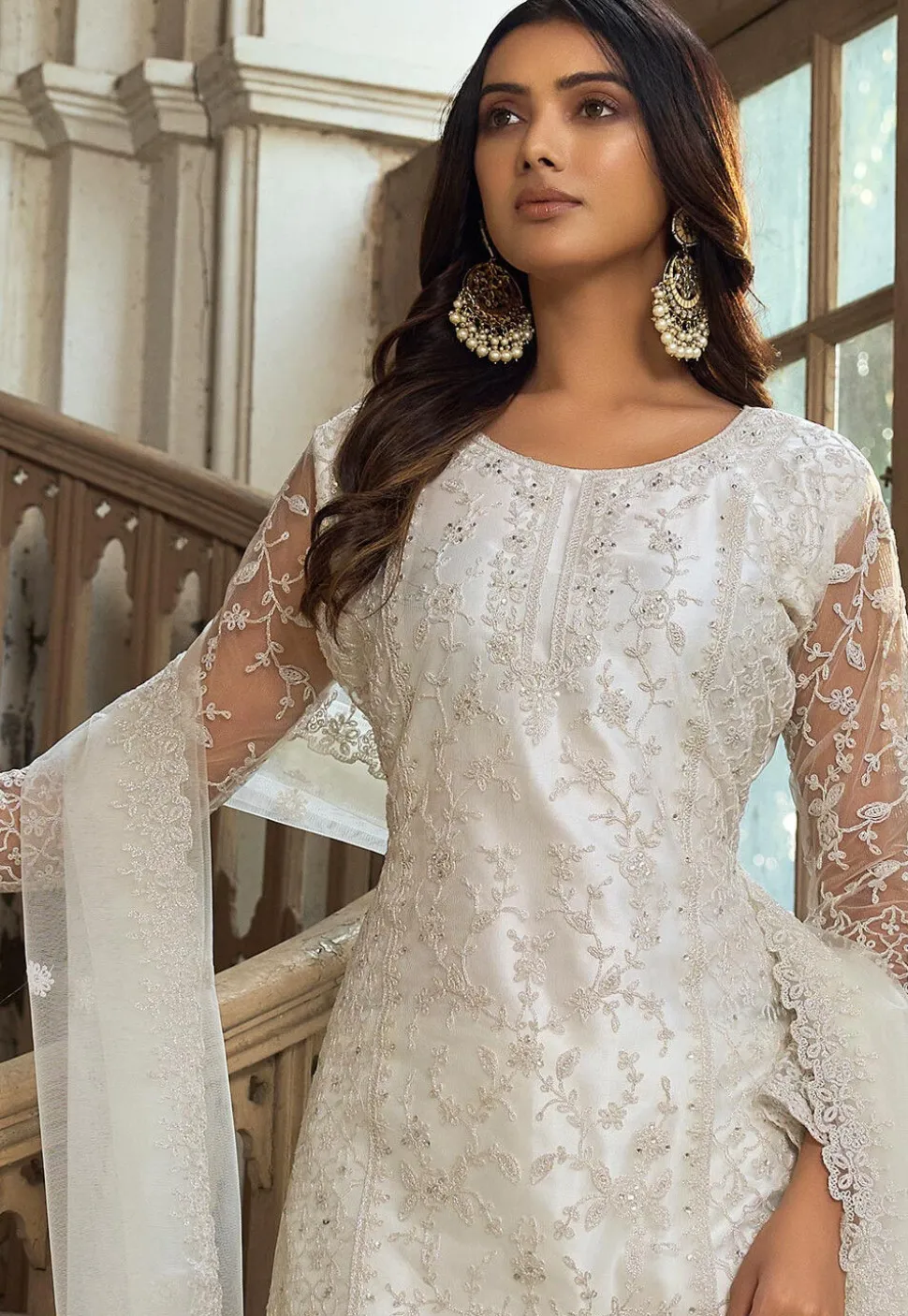 Embroidered Net Pakistani Suit in Off White
