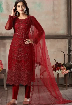 Embroidered Net Pakistani Suit in Maroon
