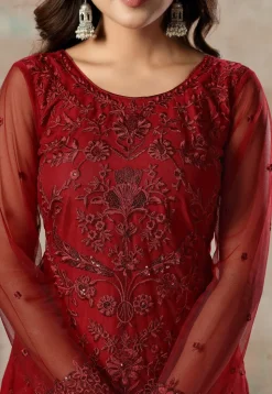 Embroidered Net Pakistani Suit in Maroon