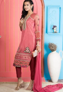 Embroidered Net Pakistani Suit in Pink