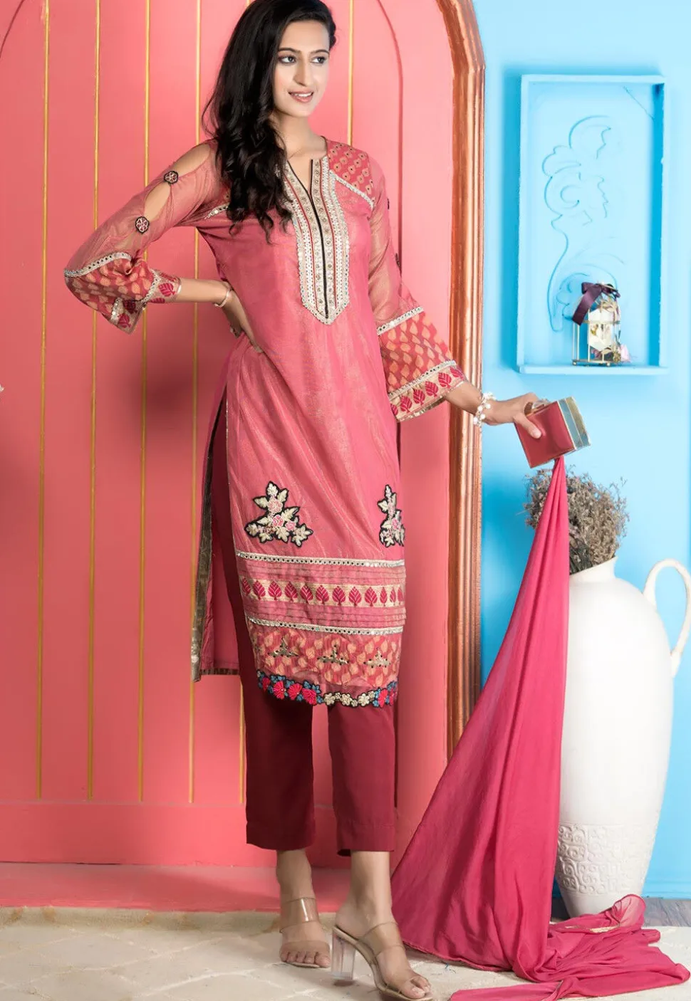 Embroidered Net Pakistani Suit in Pink