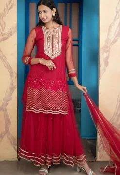 Embroidered Net Pakistani Suit in Pink