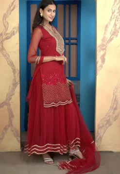 Embroidered Net Pakistani Suit in Pink