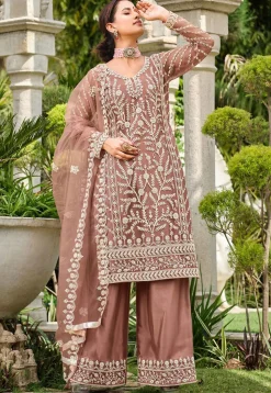 Embroidered Net Pakistani Suit in Rose Gold