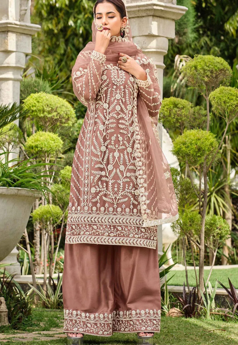Embroidered Net Pakistani Suit in Rose Gold