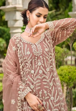 Embroidered Net Pakistani Suit in Rose Gold