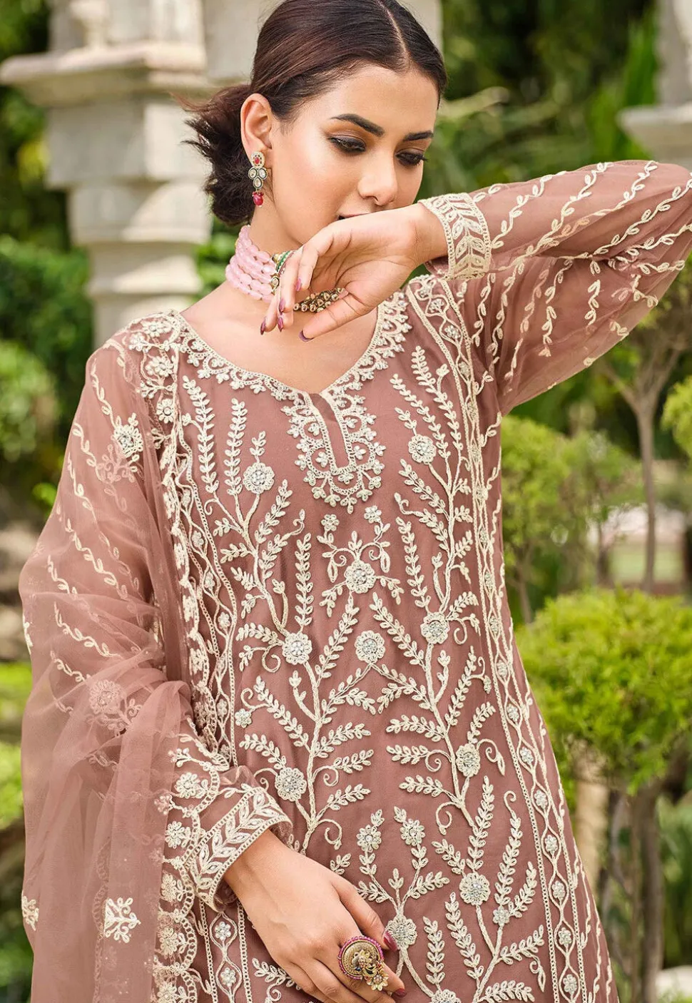 Embroidered Net Pakistani Suit in Rose Gold