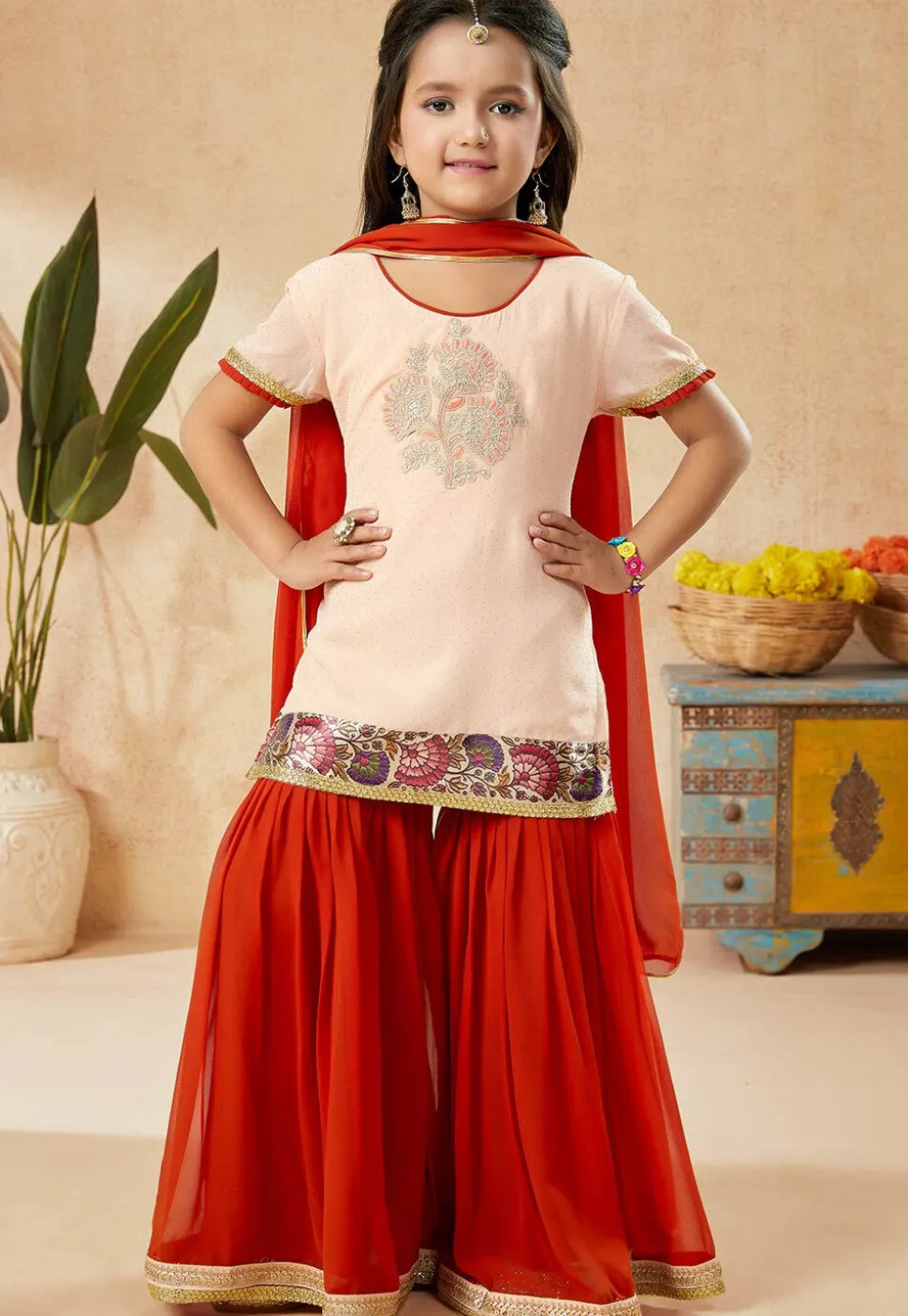 Embroidered Net Pakistani Suit in Peach