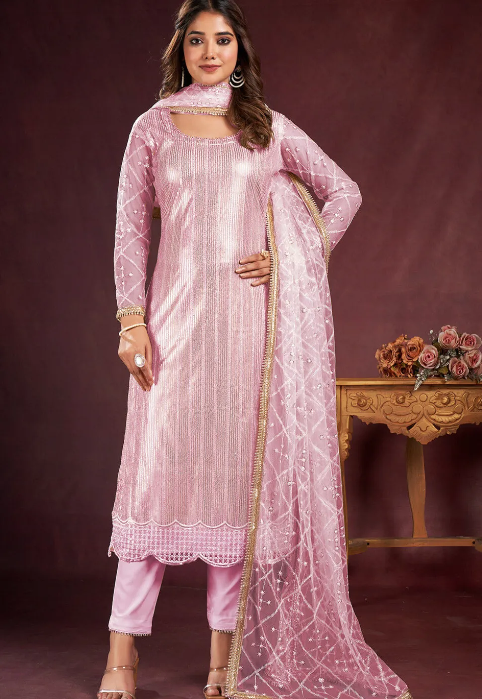 Embroidered Net Pakistani Suit in Pink