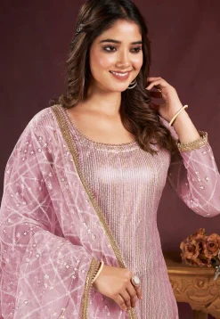 Embroidered Net Pakistani Suit in Pink