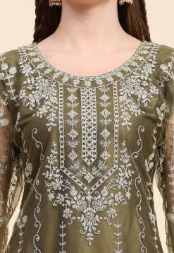 Embroidered Net Pakistani Suit in Olive Green
