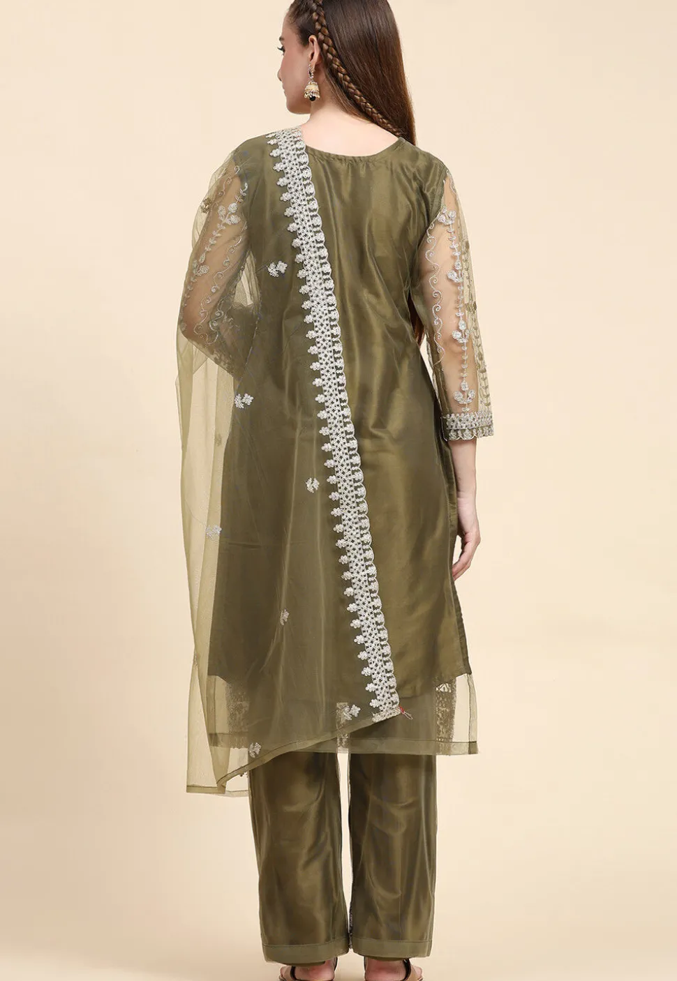 Embroidered Net Pakistani Suit in Olive Green