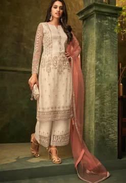 Embroidered Net Pakistani Suit in Off White