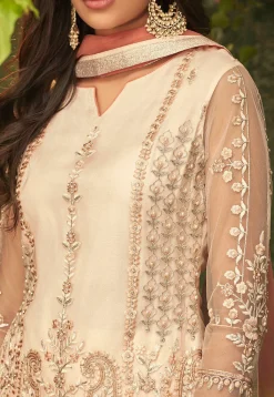 Embroidered Net Pakistani Suit in Off White