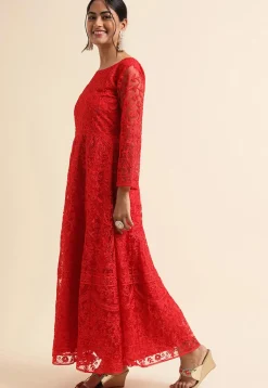 Embroidered Net Pakistani Suit in Red