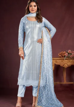 Embroidered Net Pakistani Suit in Sky Blue