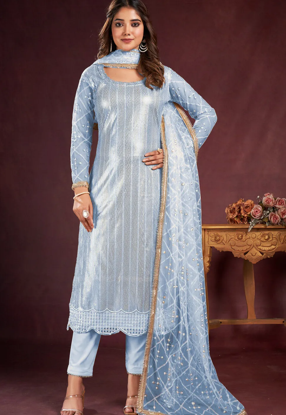 Embroidered Net Pakistani Suit in Sky Blue