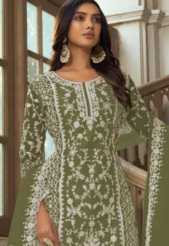 Embroidered Net Pakistani Suit in Olive Green