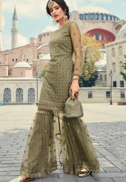 Embroidered Net Pakistani Suit in Dusty Green
