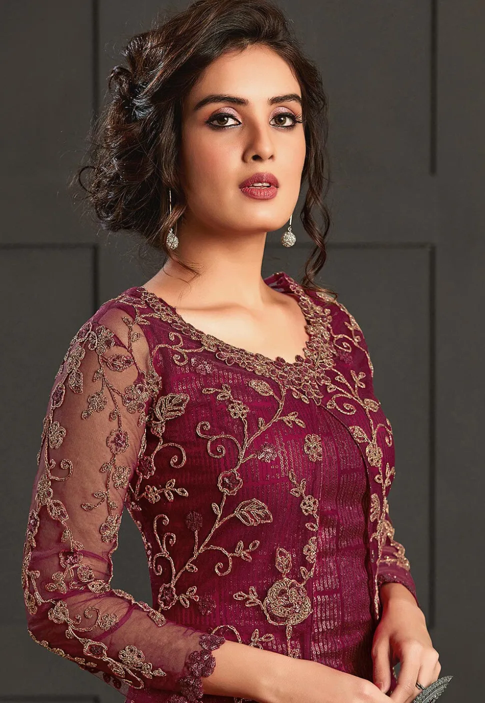 Embroidered Net Pakistani Suit in Magenta