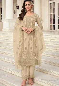 Embroidered Net Pakistani Suit in Beige