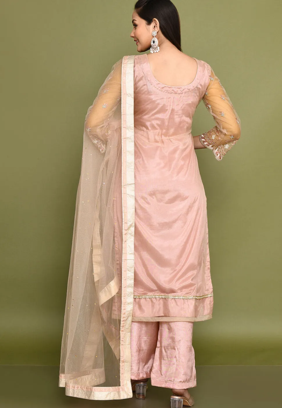 Embroidered Net Pakistani Suit in Light Pink