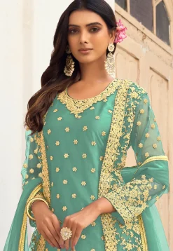 Embroidered Net Pakistani Suit in Sea Green