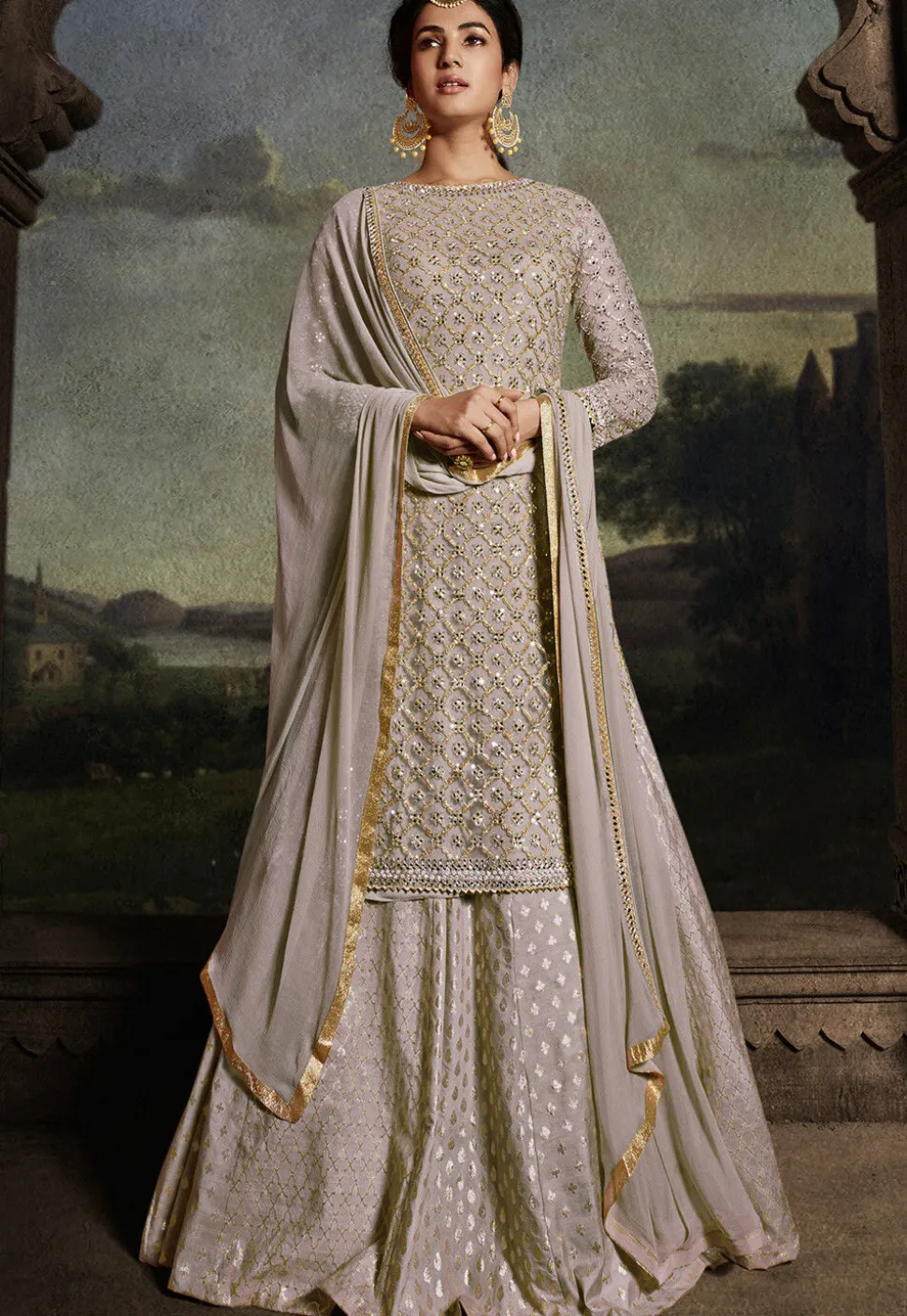 Embroidered Net Pakistani Suit in Grey