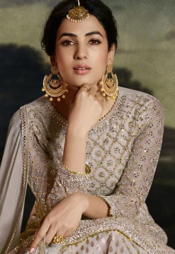 Embroidered Net Pakistani Suit in Grey
