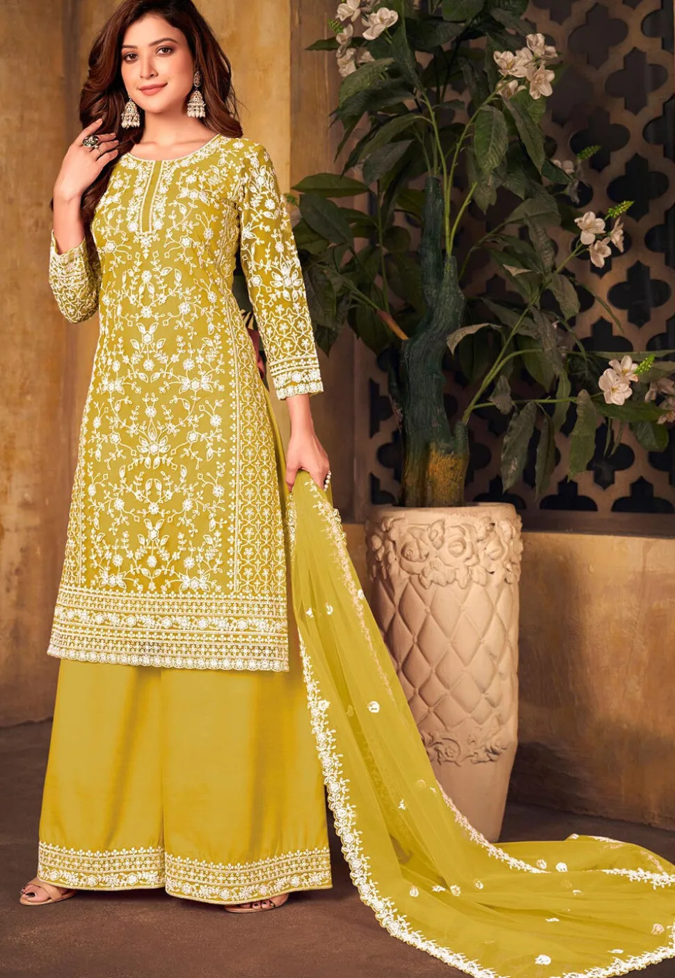 Embroidered Net Pakistani Suit in Mustard
