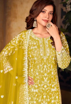 Embroidered Net Pakistani Suit in Mustard