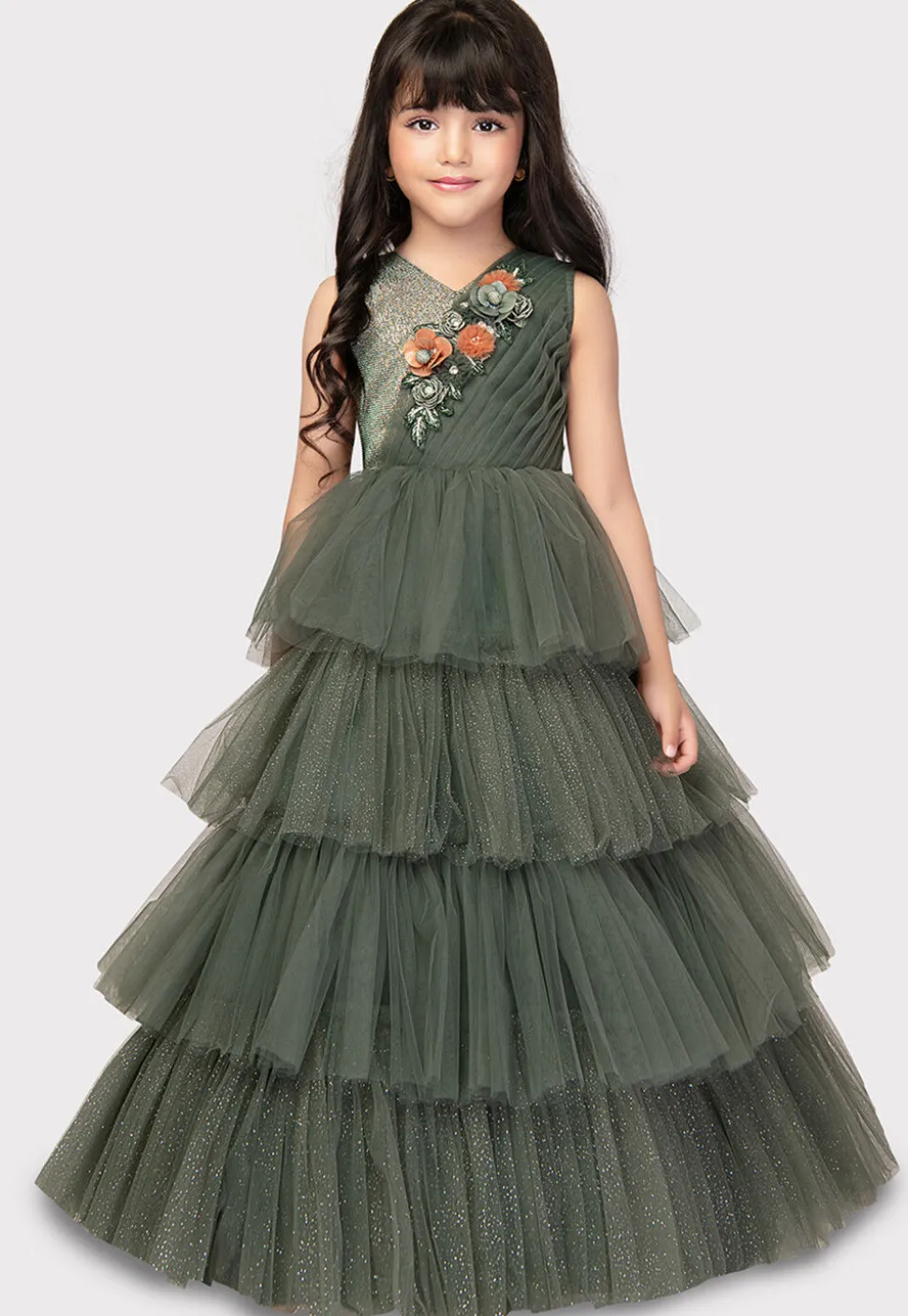 Embroidered Net Ruffled Gown in Olive Green