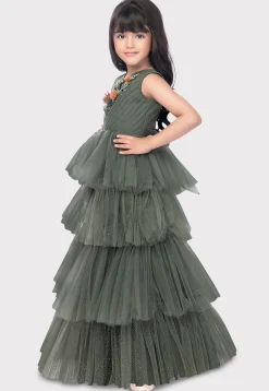 Embroidered Net Ruffled Gown in Olive Green
