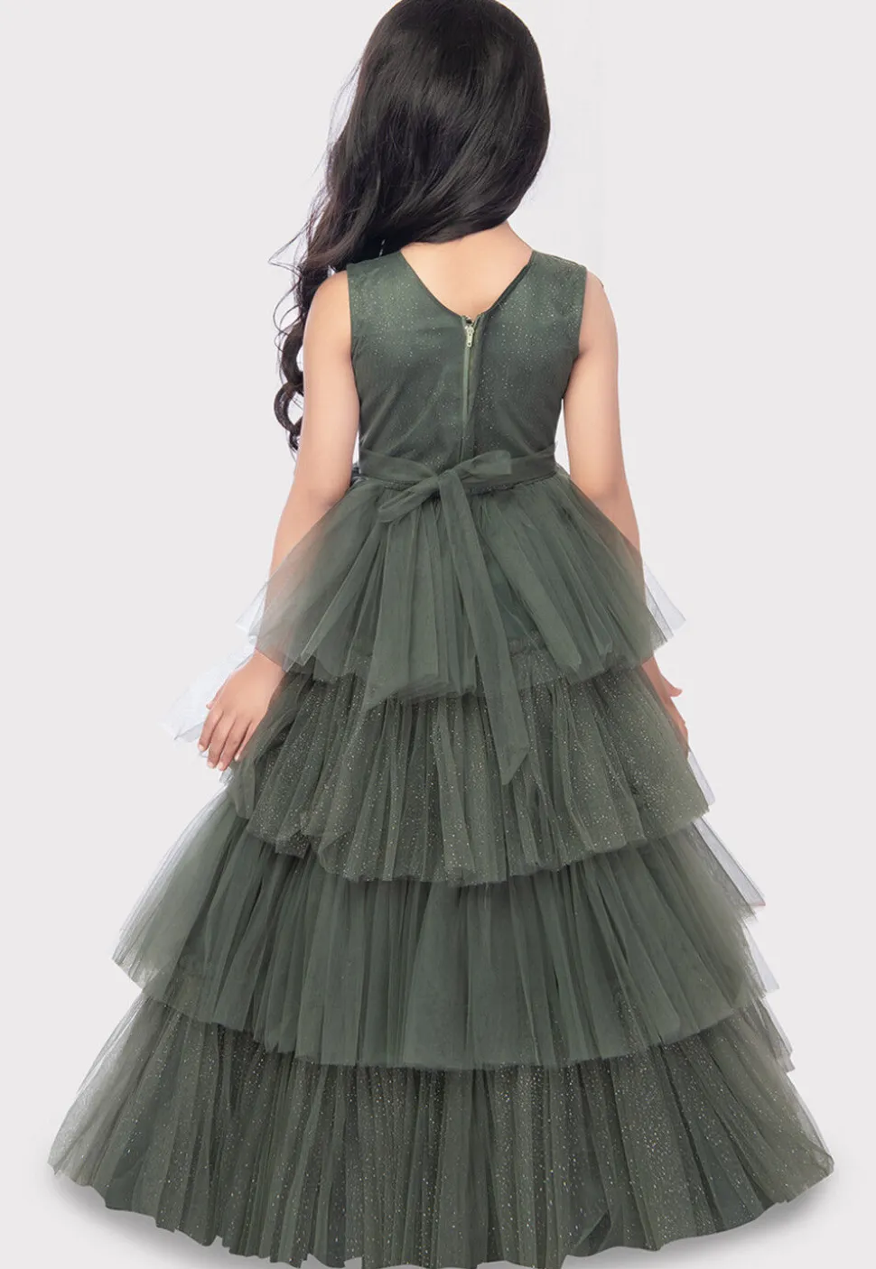 Embroidered Net Ruffled Gown in Olive Green