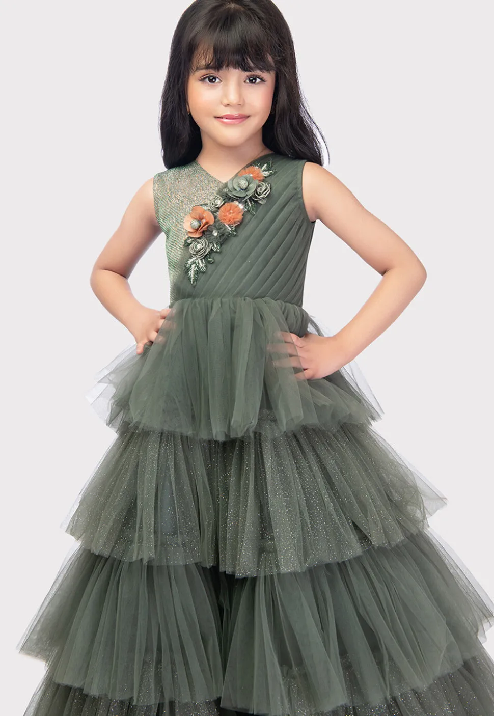 Embroidered Net Ruffled Gown in Olive Green